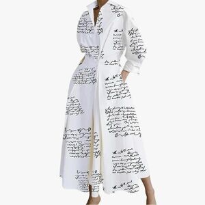 Maxi Women’s White w/Script Print High Button Waist Lapel Collar Pockets Dress
